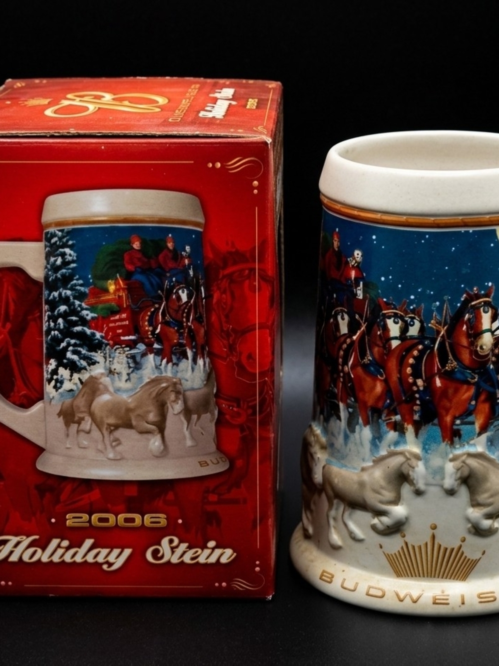 Budweiser Red and Blue Holiday Stein with White Trim